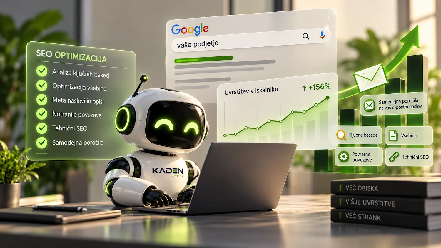 SEO Agent: robot ob prenosniku, ob njem graf uvrstitev in seznam SEO nalog